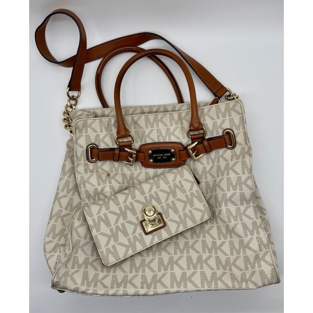 Michael Kors Hamilton Tote Bag Vanilla Monogram Matching Wallet
